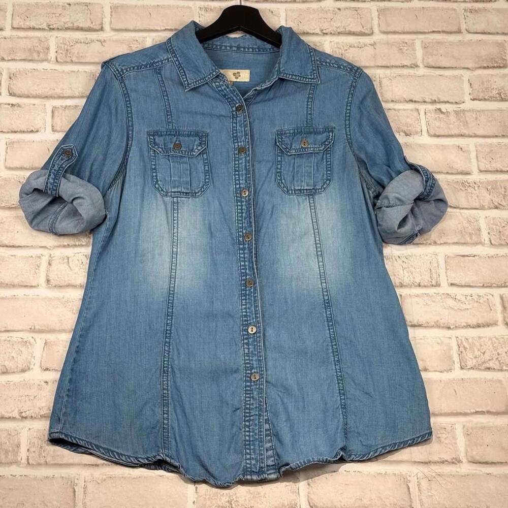 Blossom Tencel Denim Shirt Lightweight Rolled Sleeves Washed Blue‎ Women's M
